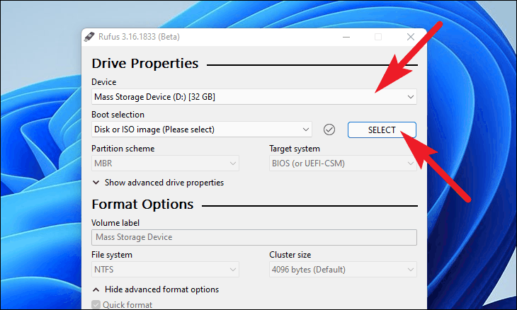 Select ISO in Rufus