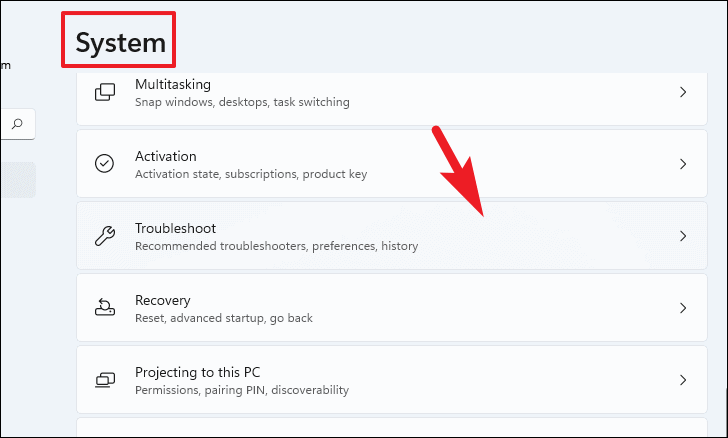 Accessing Troubleshoot settings