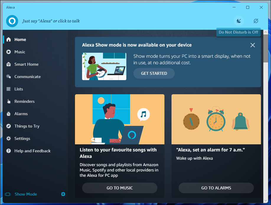 Alexa app home screen