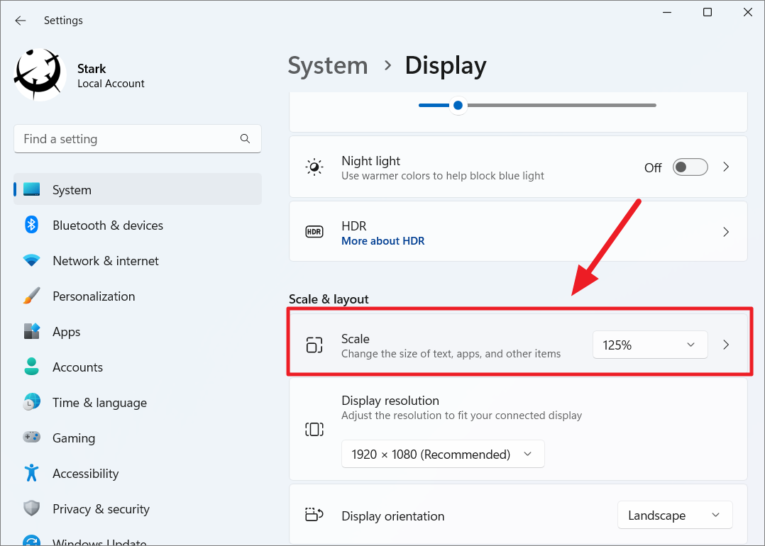 Custom scaling option in Display settings