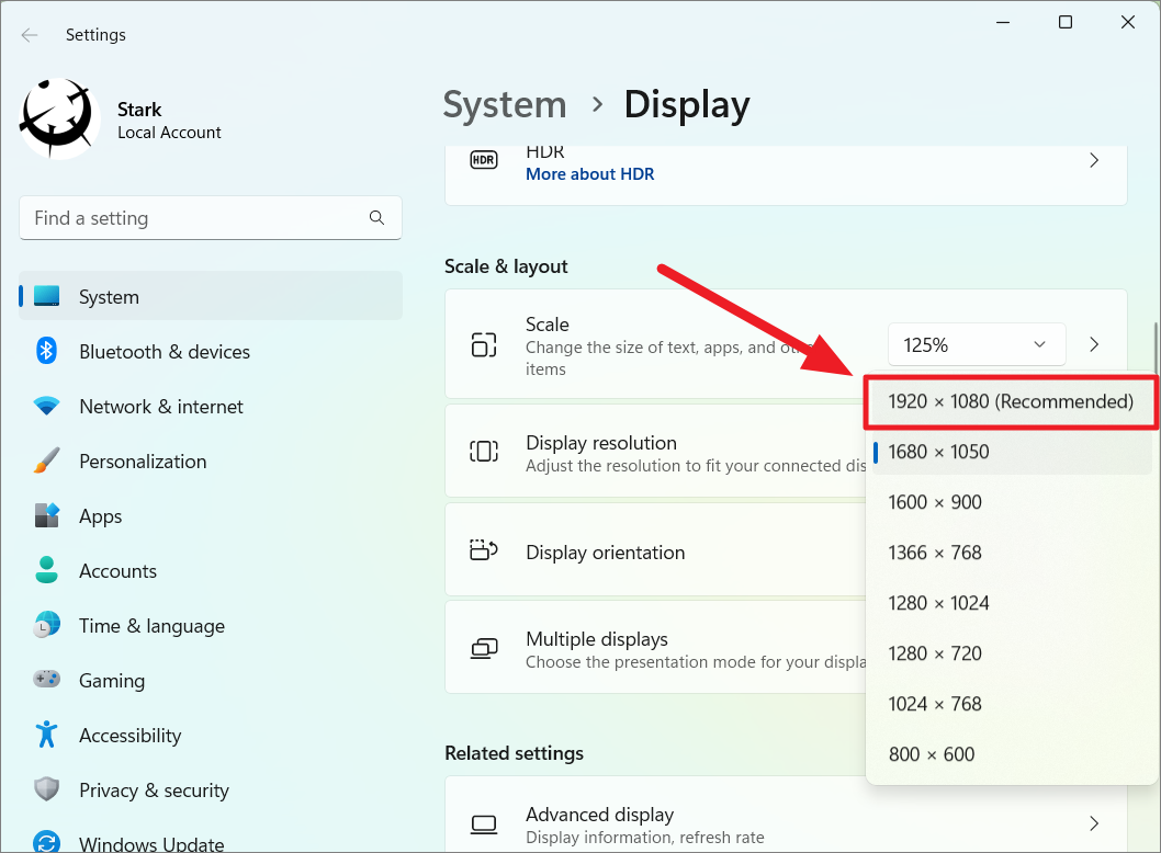 Selecting highest resolution in Windows settings