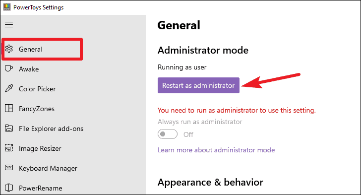 PowerToys general settings