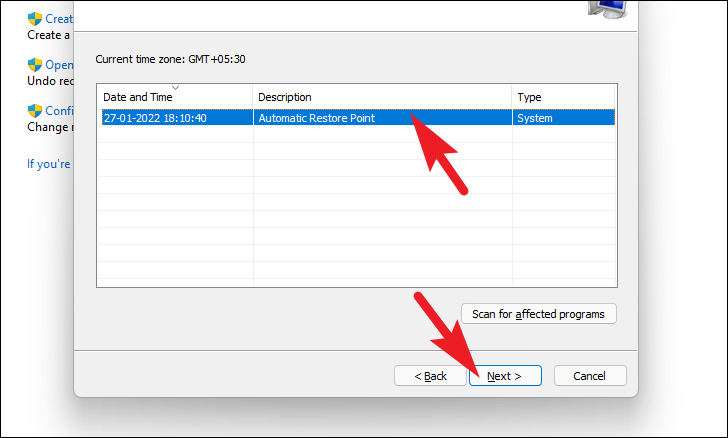 Selecting a restore point