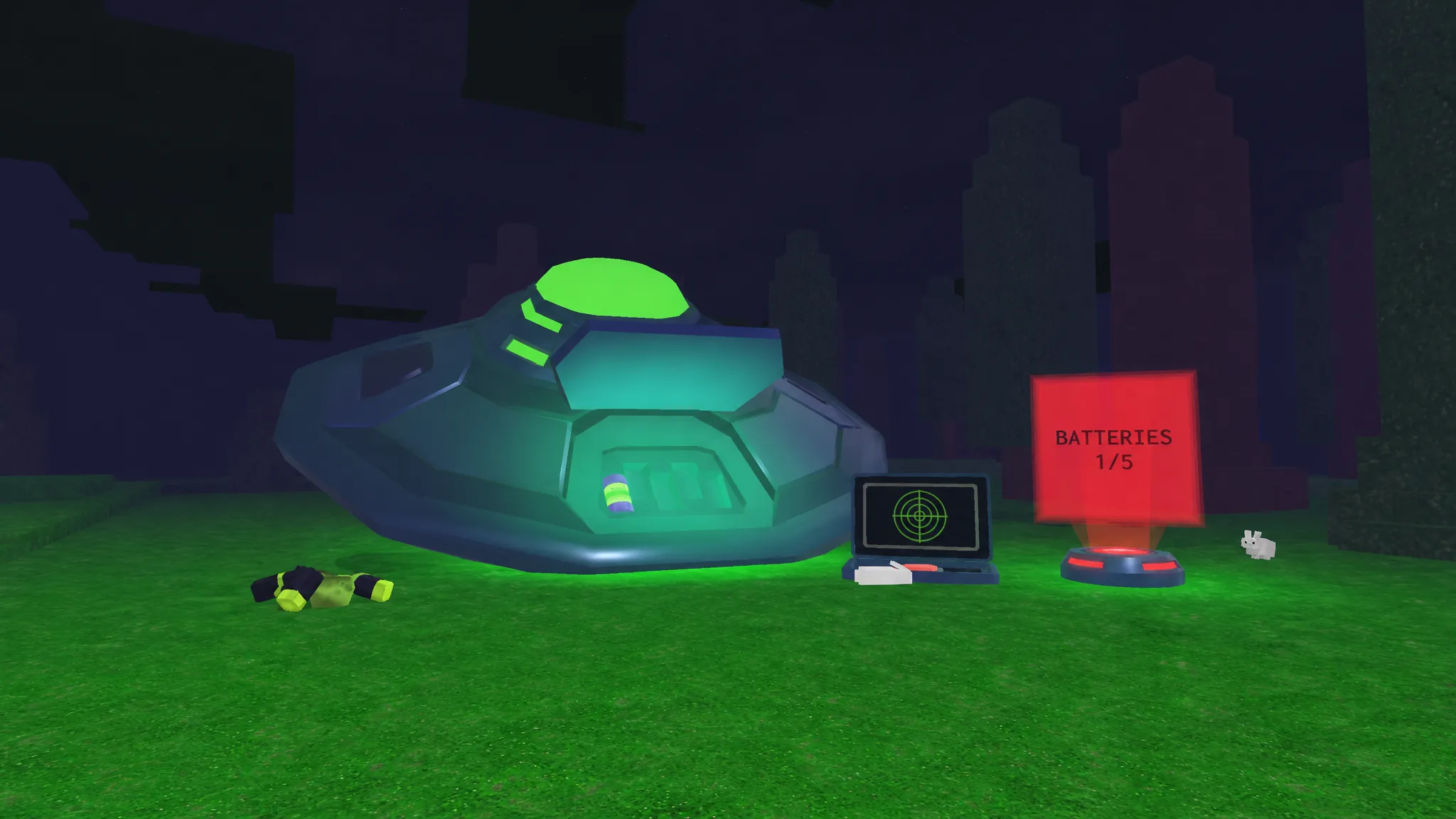 Crashed alien ship near campfire in 99 nights in the forest