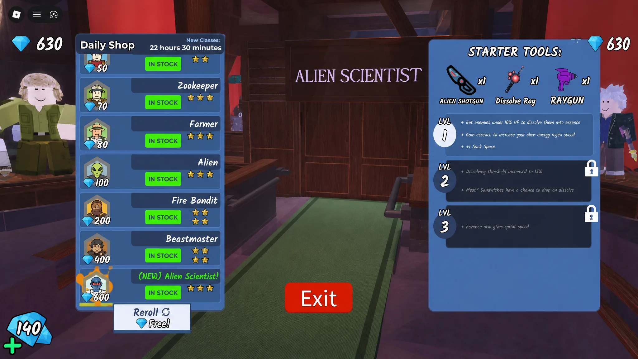 Alien Scientist class in the class shop of 99 nights in the forest