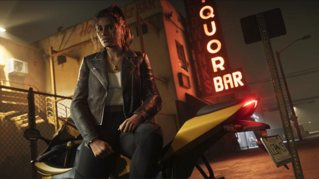 Lucia Caminos on a motorcycle at night in GTA VI