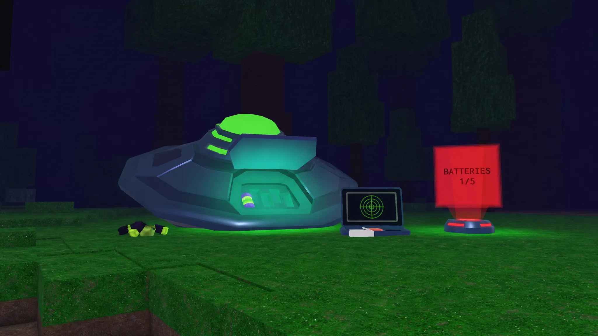 Crashed alien ship near campfire in 99 nights in the forest