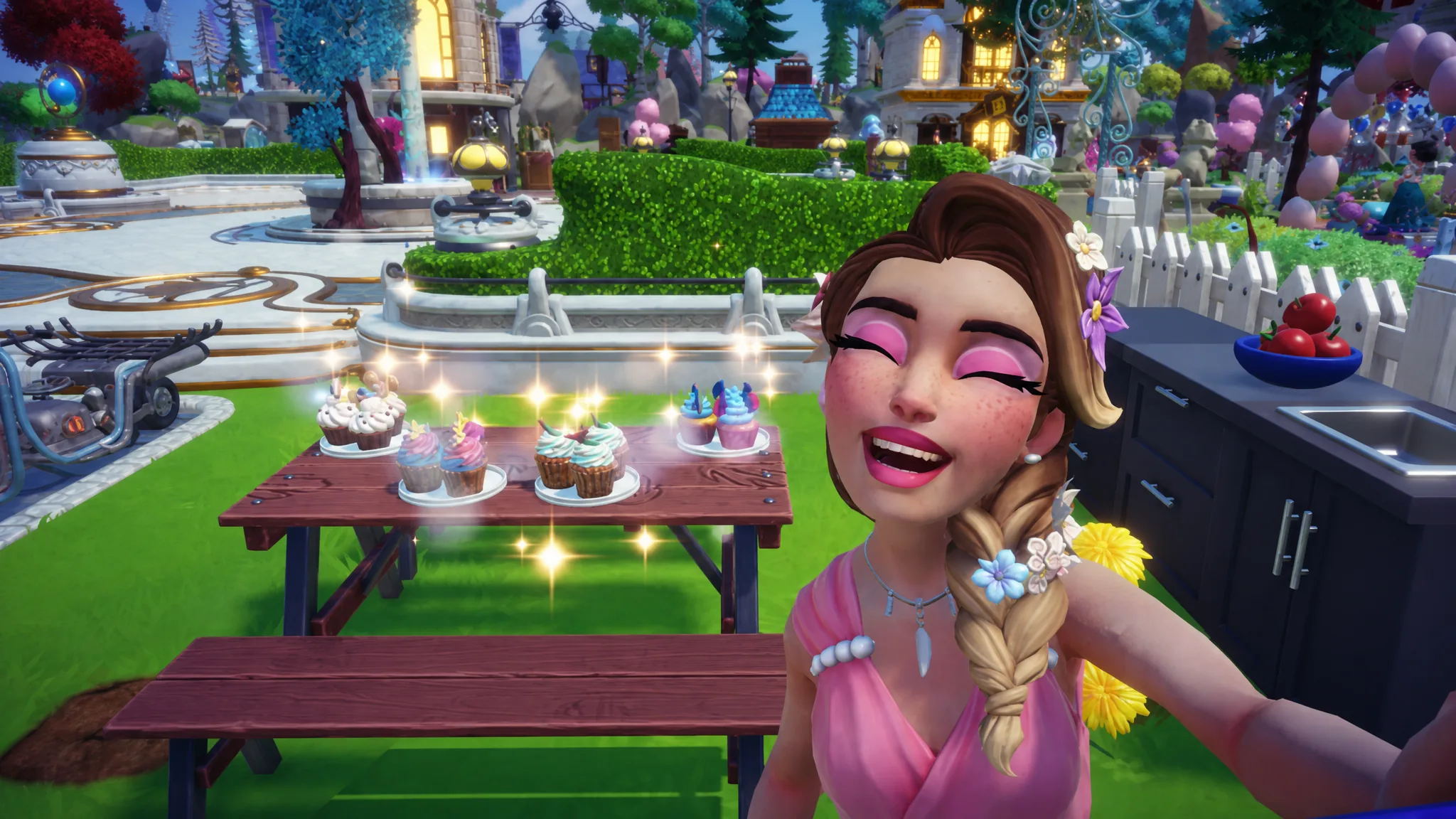 Parks Fest event cupcakes on a red table in disney dreamlight valley