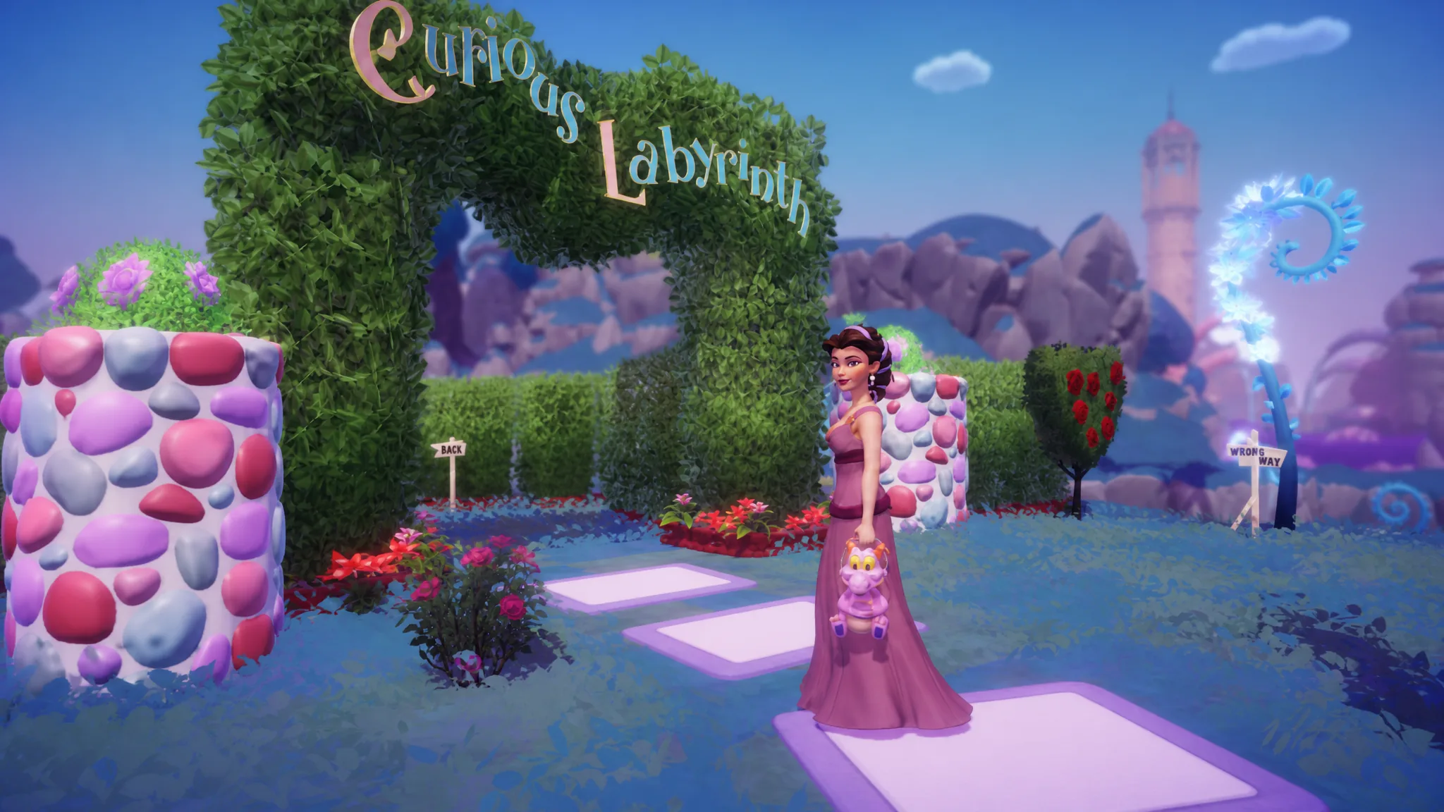 Player in long purple pink dress holding Figment Popcorn Bucket in Disney Dreamlight Valley