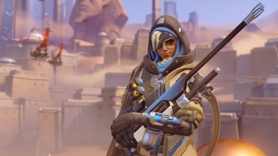Overwatch characters: a woman in tacitcal gear, holding a large sniper rifle
