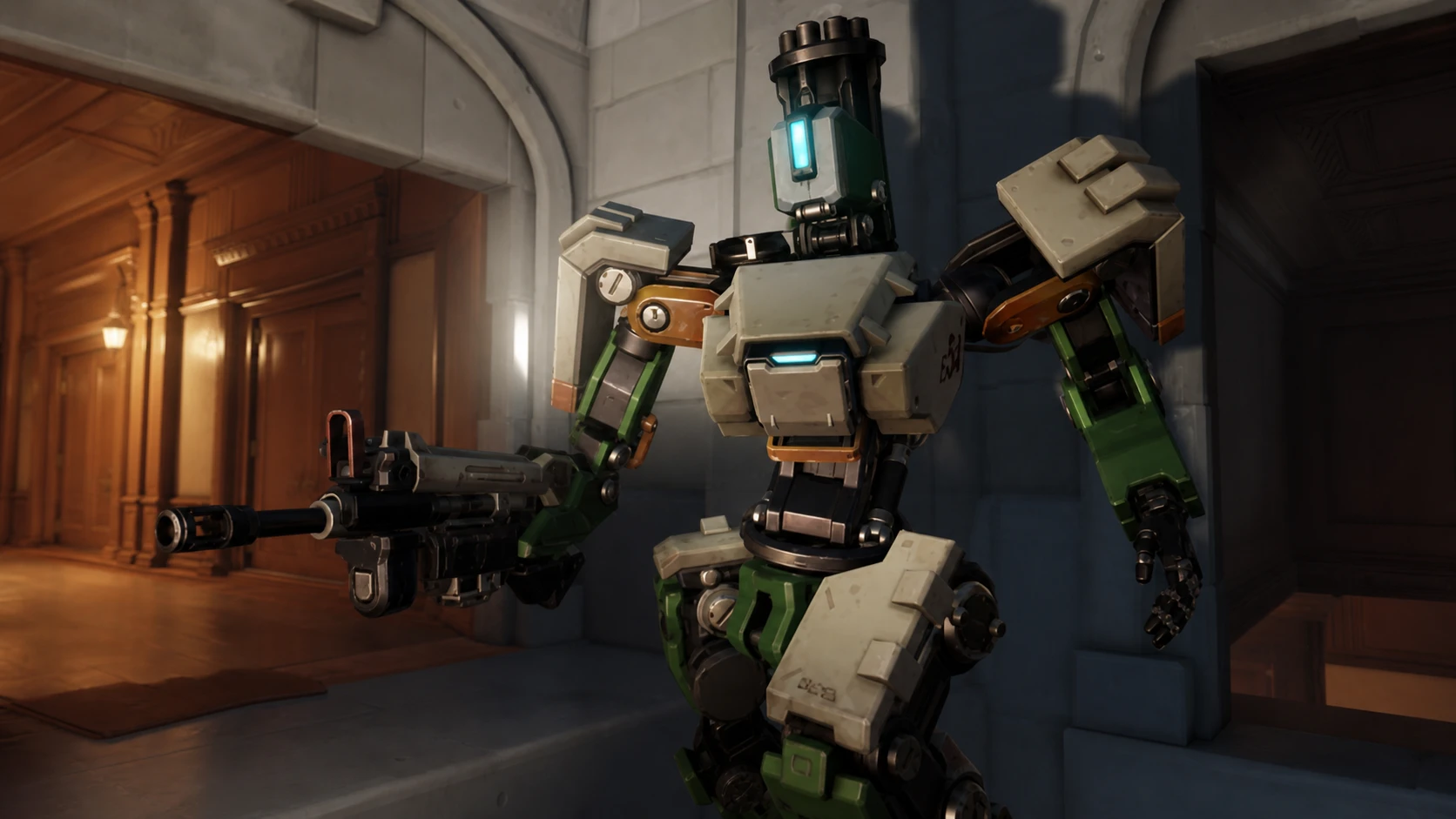 Overwatch 2 characters: an angular robot with a gun for an arm