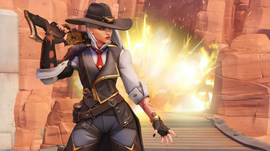 Overwatch 2 characters: a womna with white hair and a cowboy hat walks away from an explosion