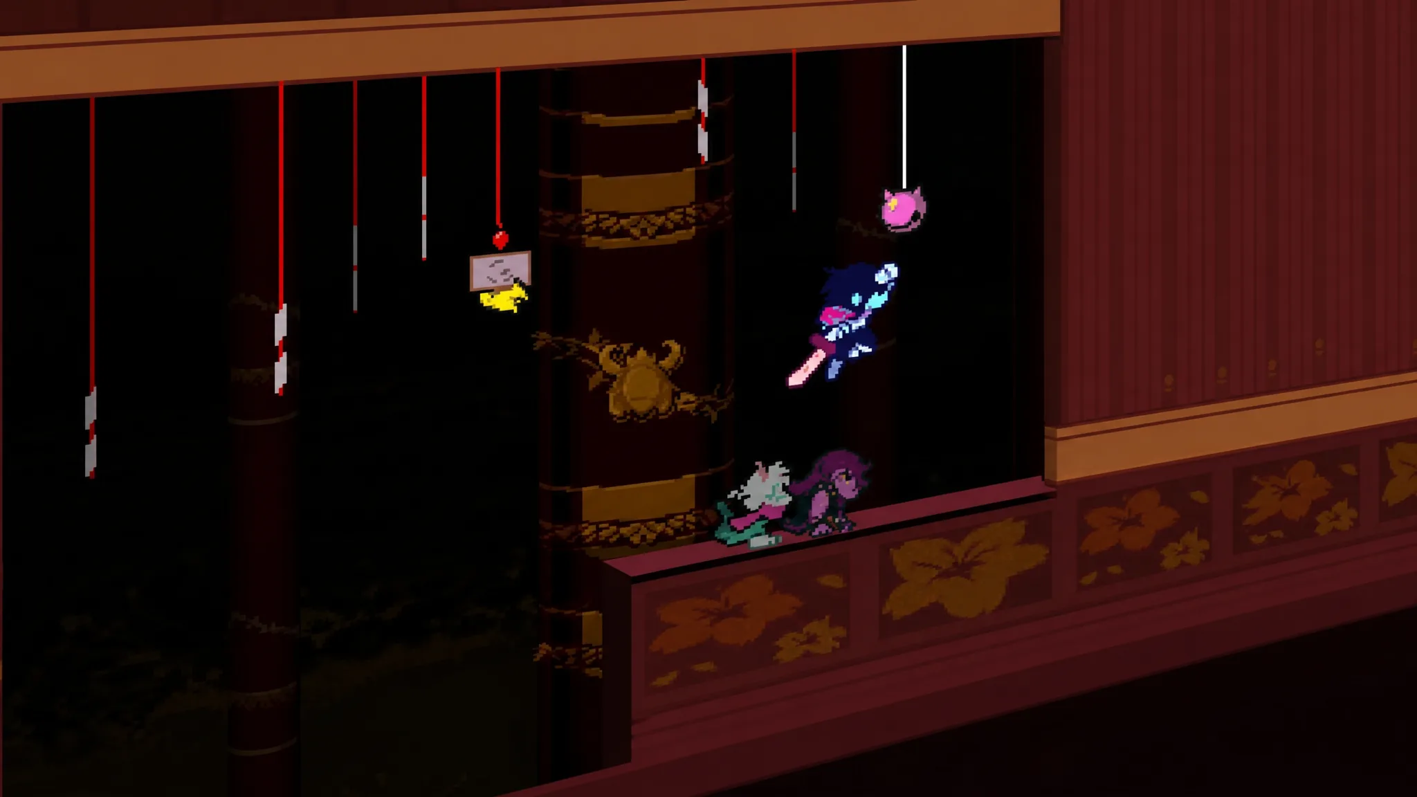 Pink bell guarded by giant shurikens