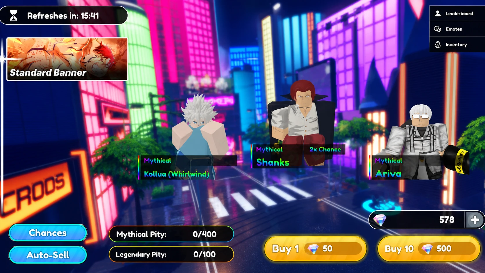 Special Anime Defense tier list screenshot showing the summon screen in-game with three different heroes in front of a street
