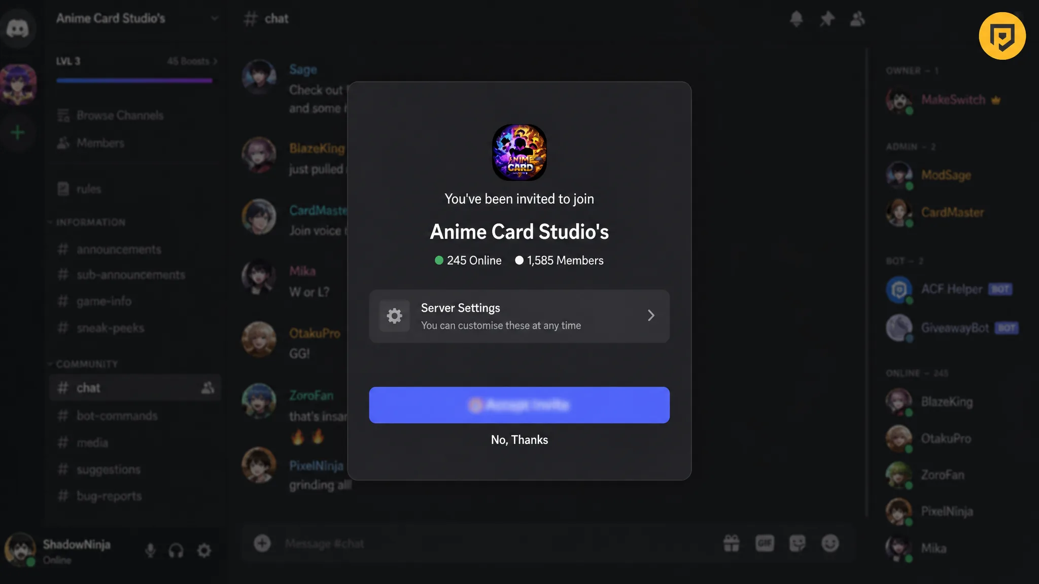 Anime Card Farm Discord server invite screen