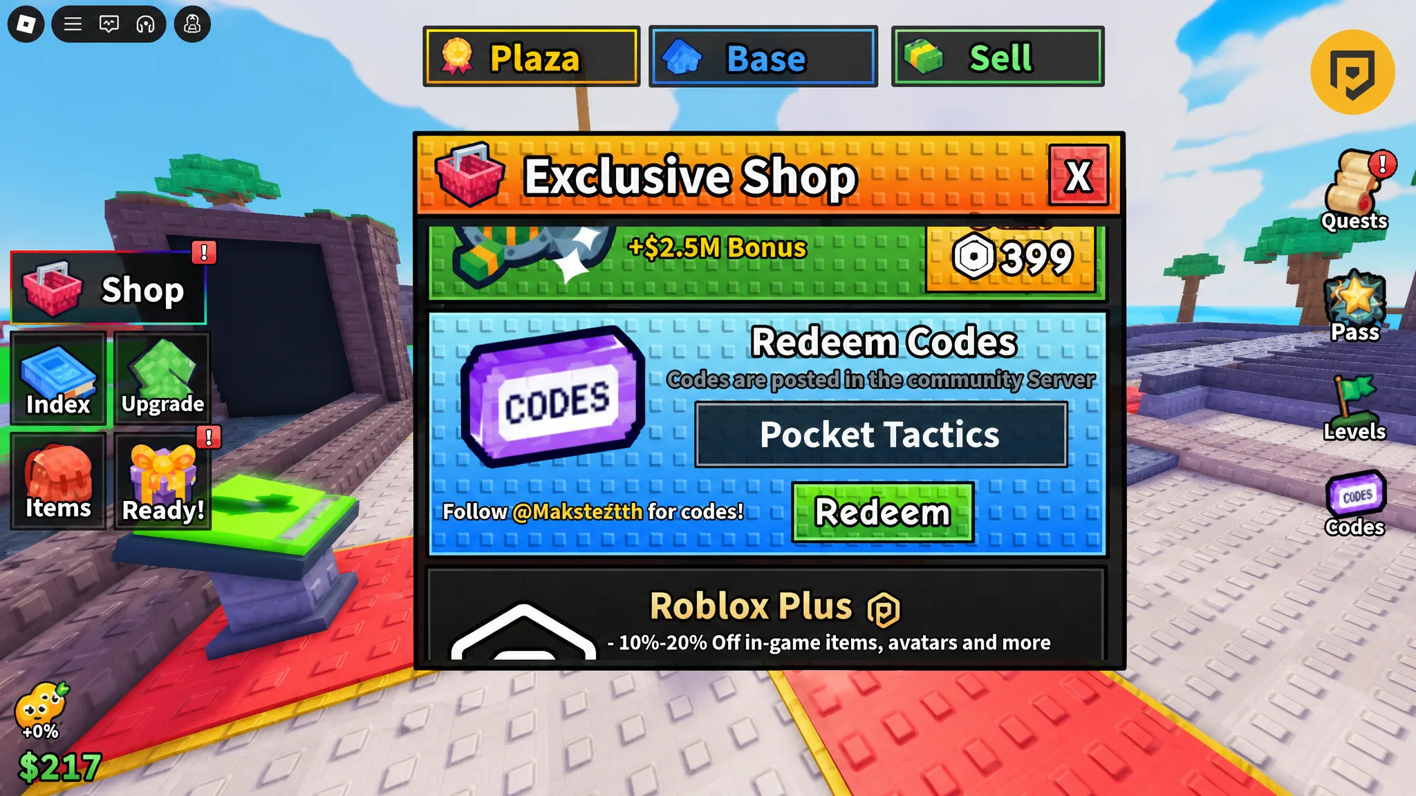 Screenshot of the Anime Card Farm shop menu showing the code redemption input box at the bottom