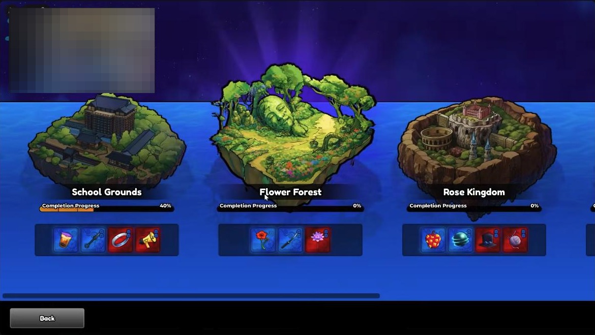 The Areas selection screen showing School Grounds, Flower Forest and Rose Kingdom islands with completion progress