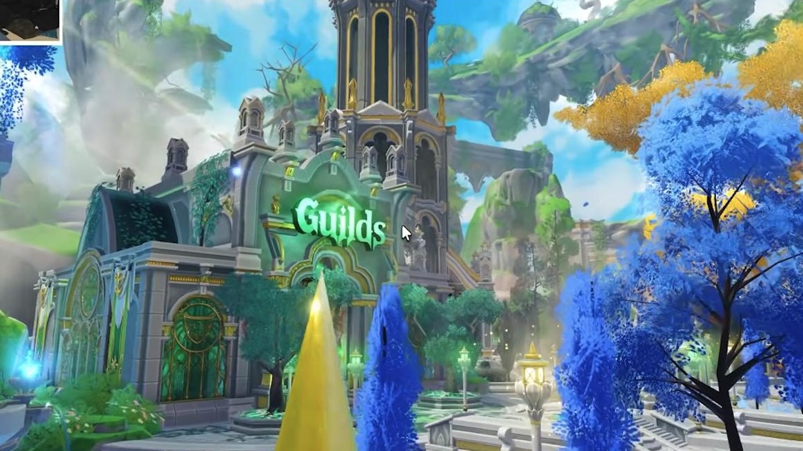 Anime Expeditions lobby showing the Guilds building and the game’s vibrant anime art style