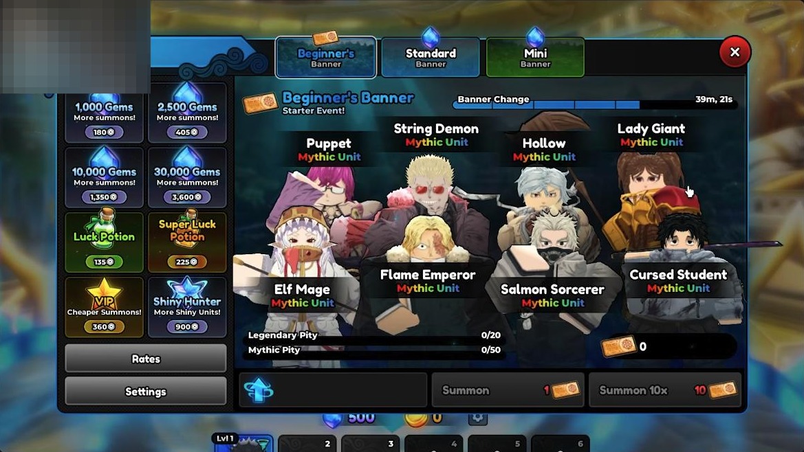 The Beginner’s Banner in Anime Expeditions featuring multiple Mythic units, gem packages and pity counters