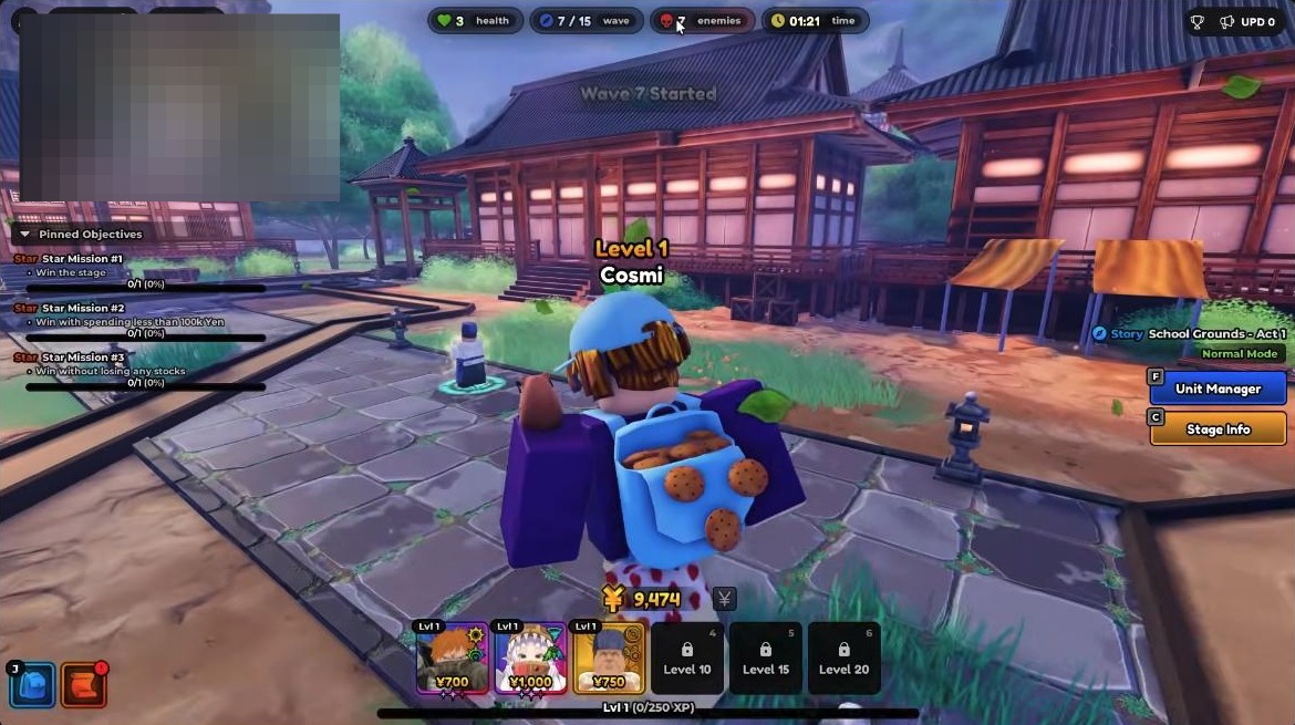 Wave-based tower defense gameplay in Anime Expeditions on the School Grounds stage