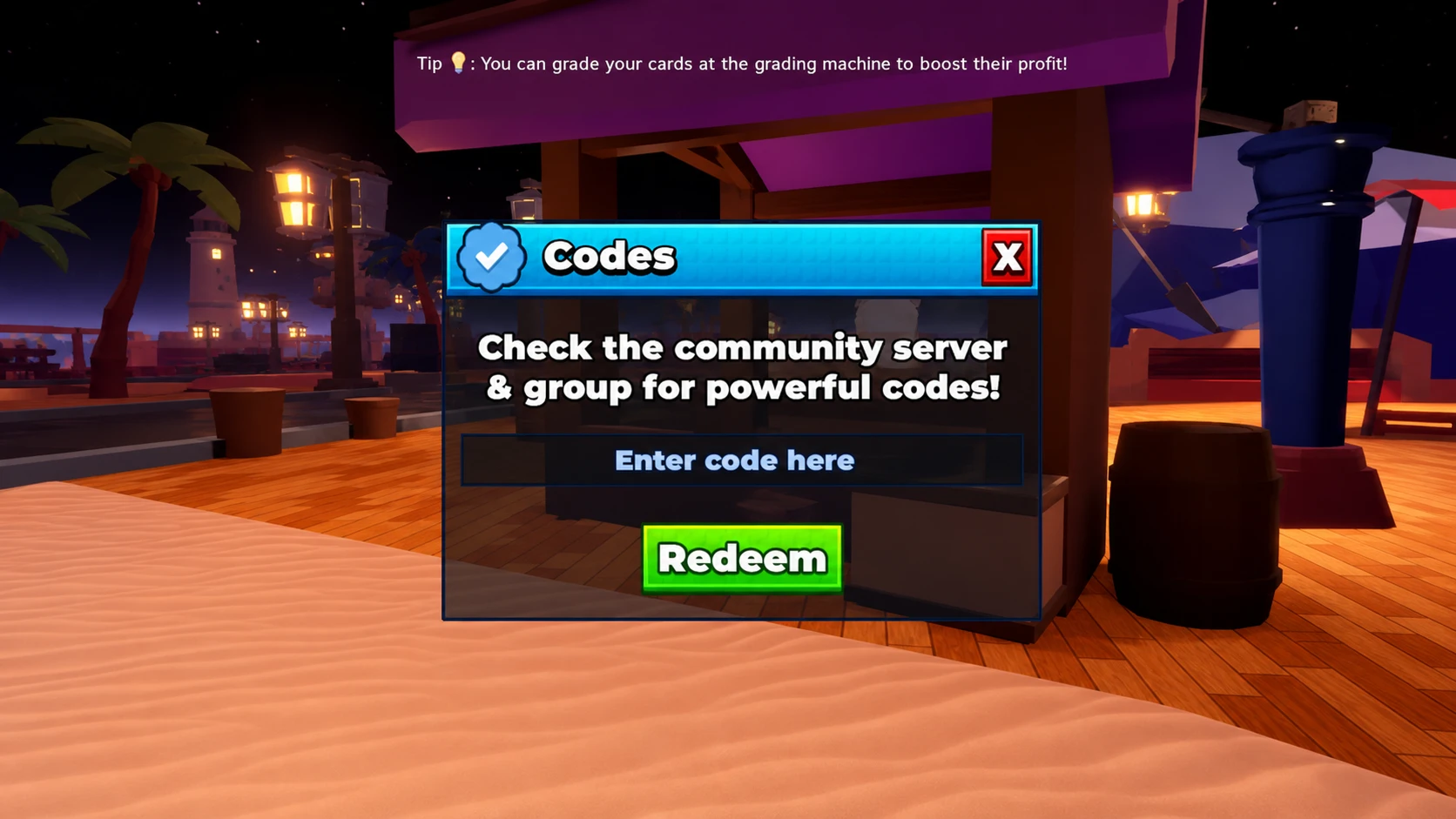 Anime Waifu Card Collection codes redemption screen with Pocket Tactics filled in to show where the code goes