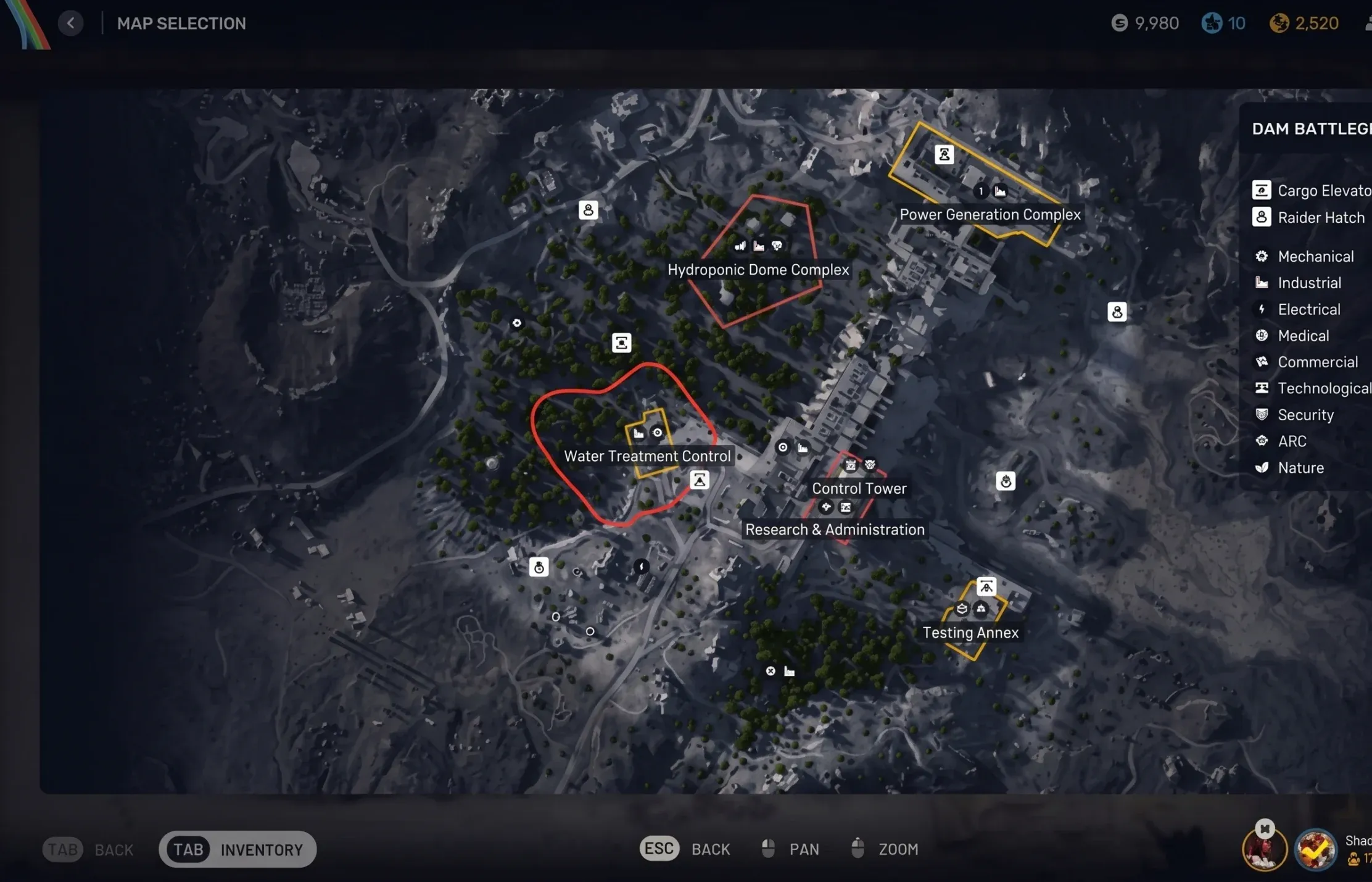 Arc Raiders map: a satellite map of an area called Dam Battlegrounds
