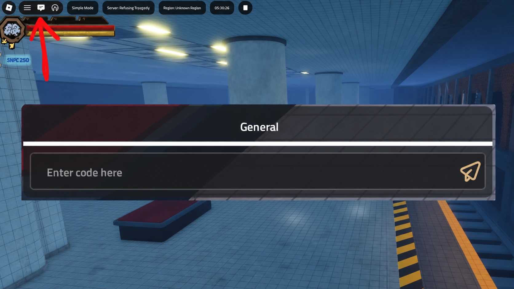 A graphic showing the Roblox chat box with the /redeemcode command typed in Archived