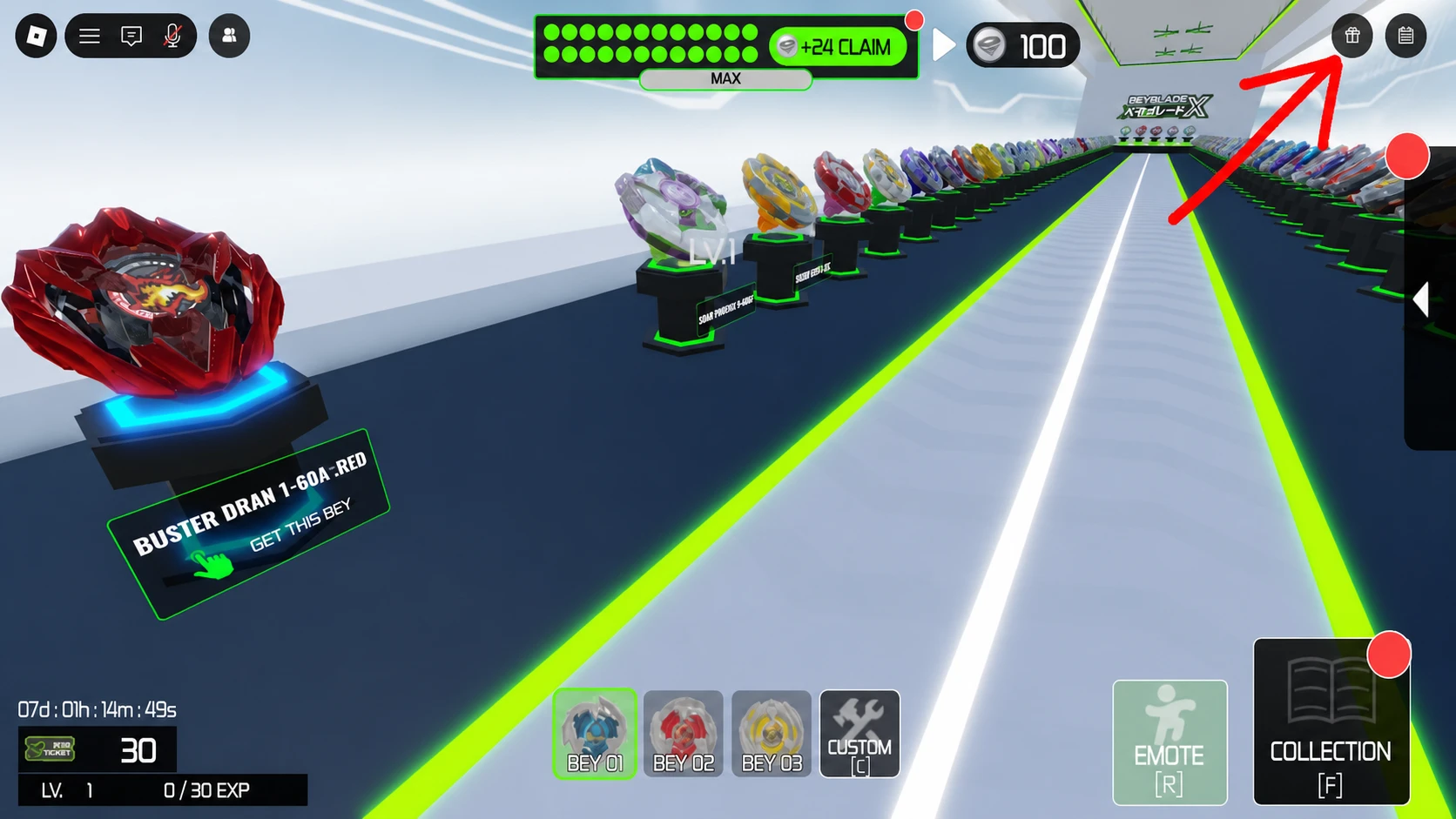 Screenshot of Beyblade X  showing the gift box icon