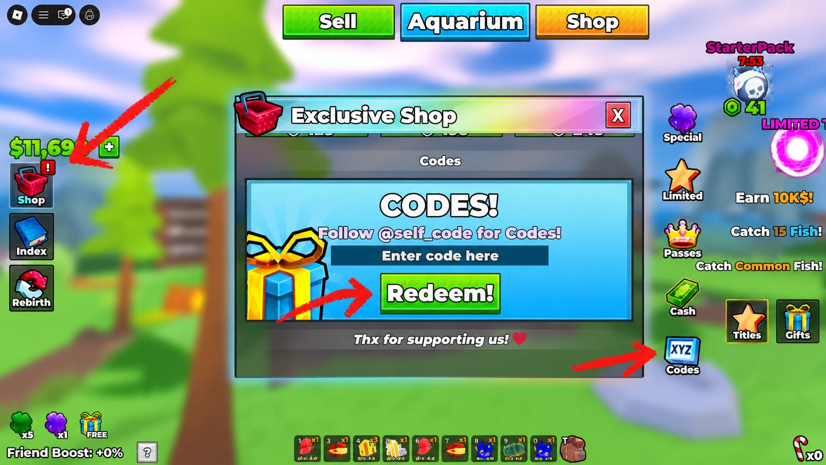 Bomb Fishing Shop and Codes Redemption System screenshot