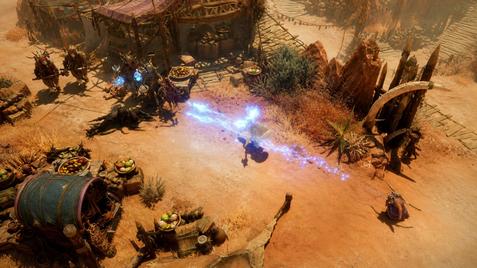 Titan Quest 2 Chapter 4 - A player unleashes lightning bolts towards enemy combatants