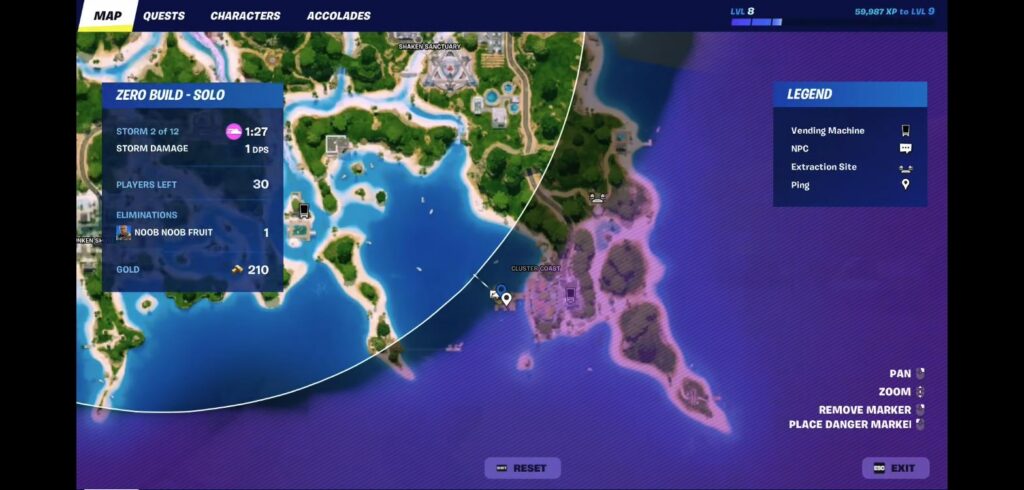 Fortnite map showing Cluster location at Cluster Coast