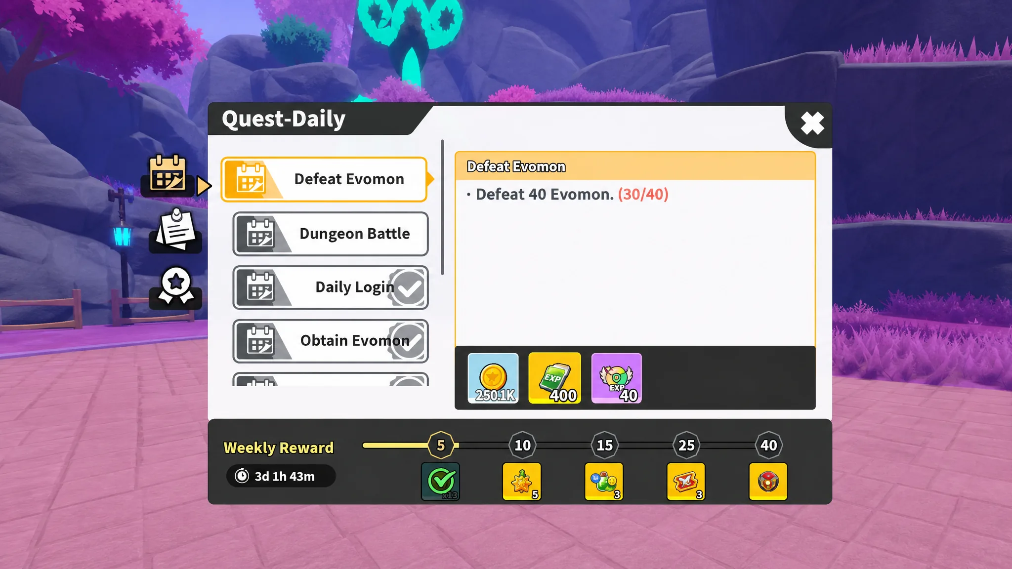 Daily Quest rewarding Coins and EXP in Evomon
