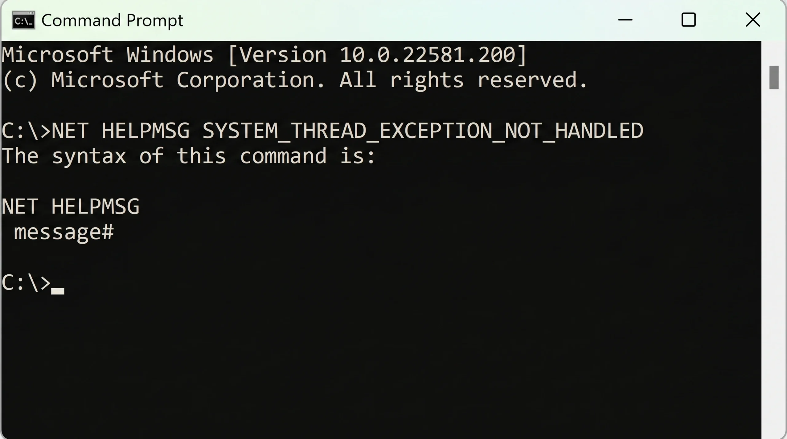 NET HELPMSG cannot decode message with insertion