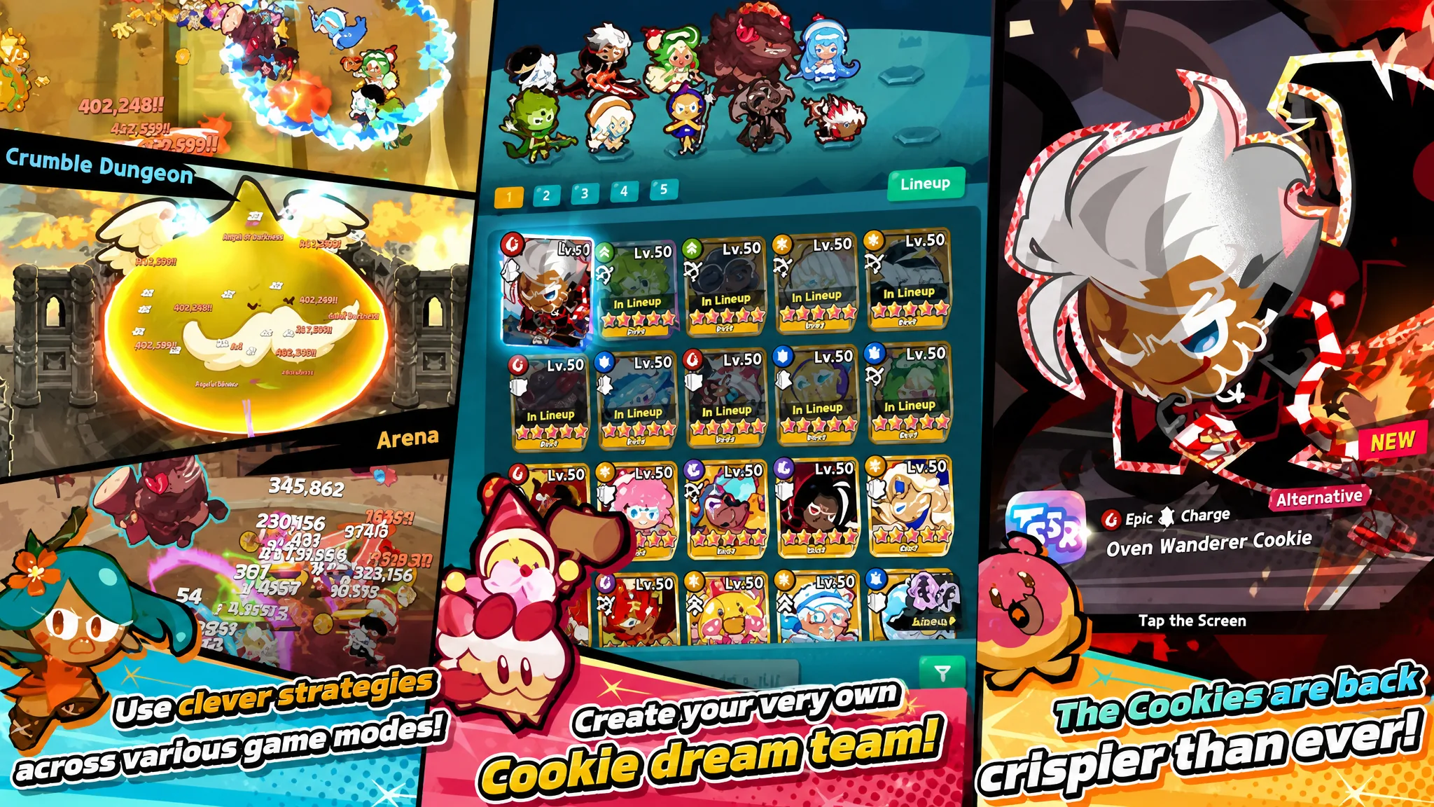 CookieRun Crumble guide: Three promotional screenshots from the Google Play page showing off various gameplay features