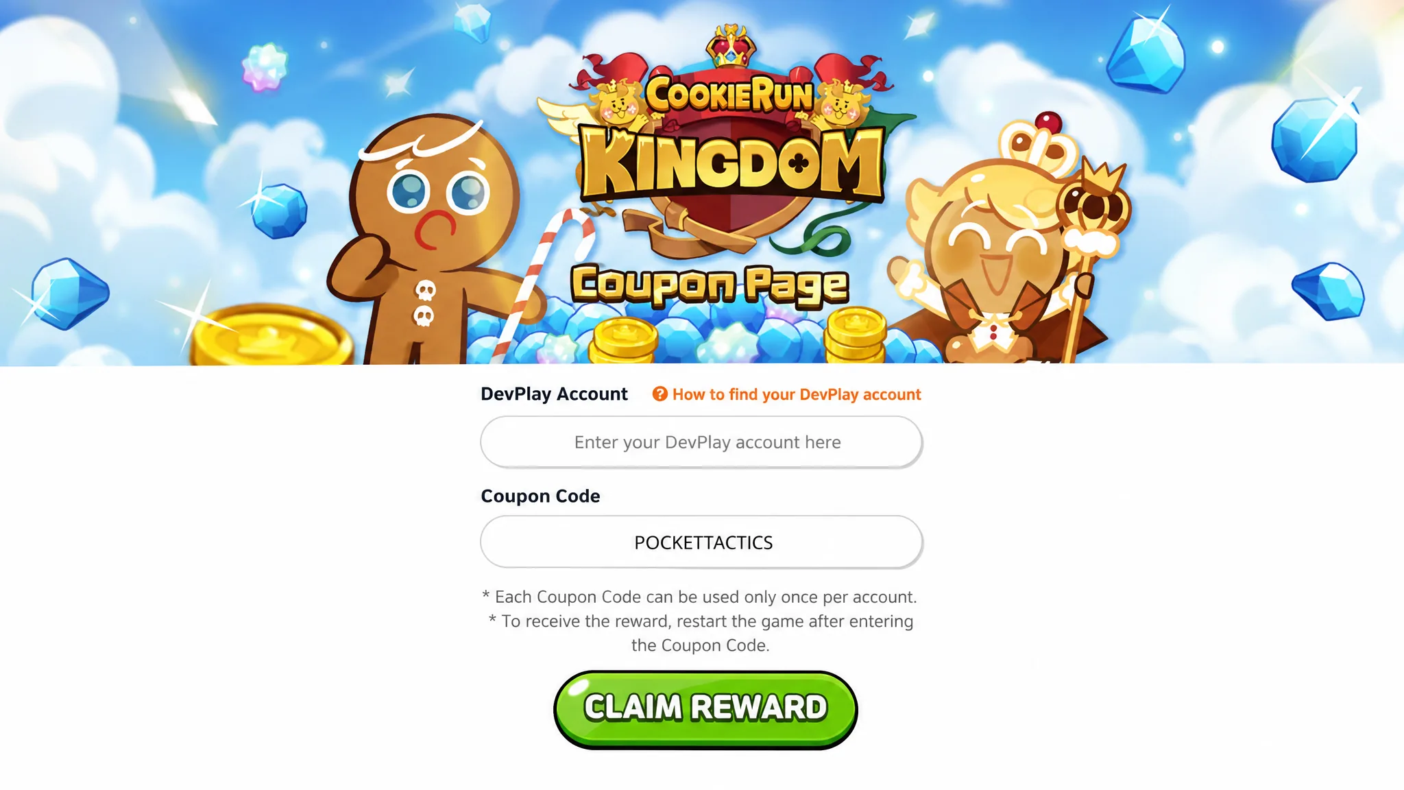 Cookie Run Kingdom redeem code screen with POCKETTACTICS written in the code box