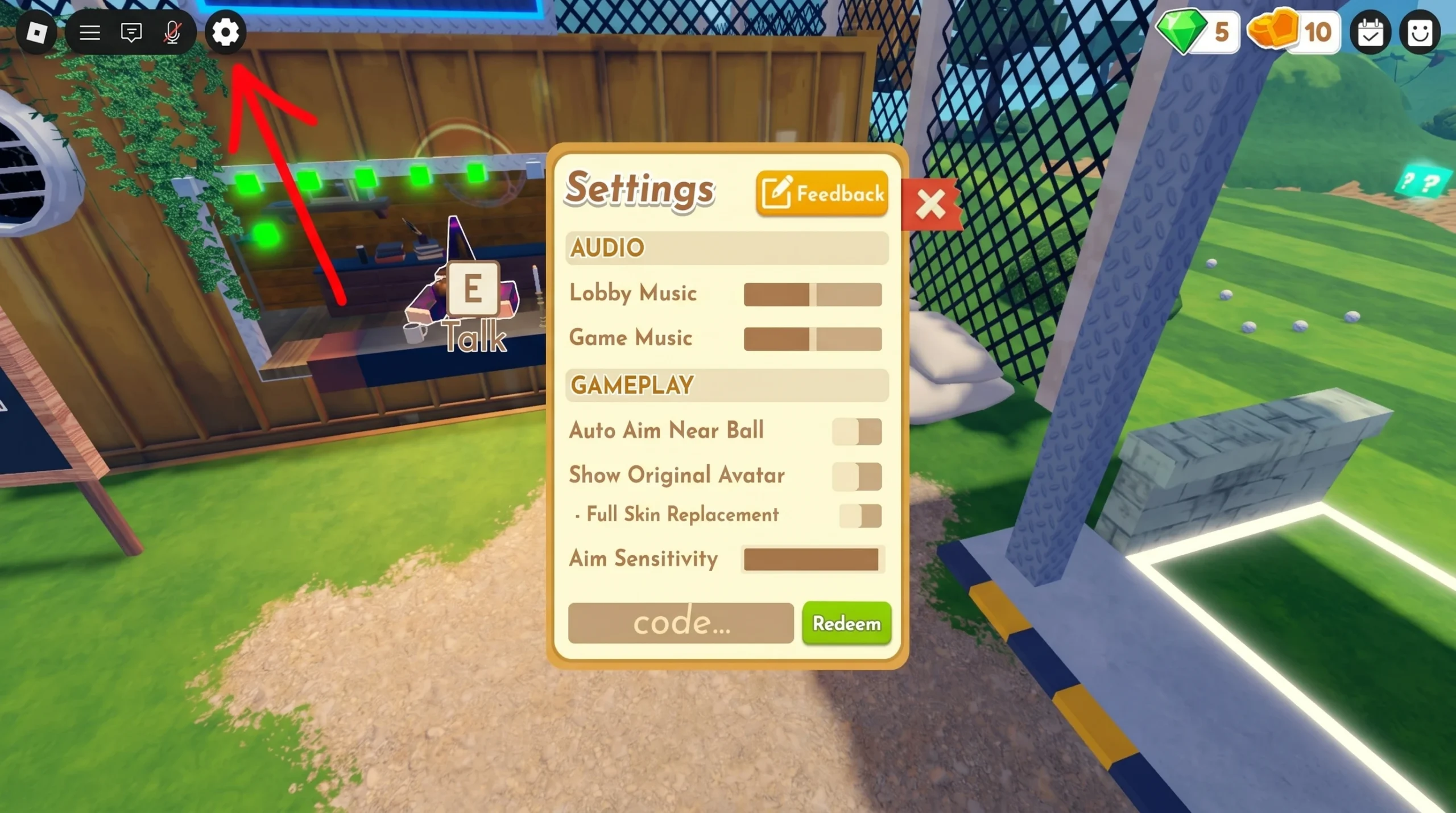 Roblox Deadly Golf code system. arrow pointing to the Settings button