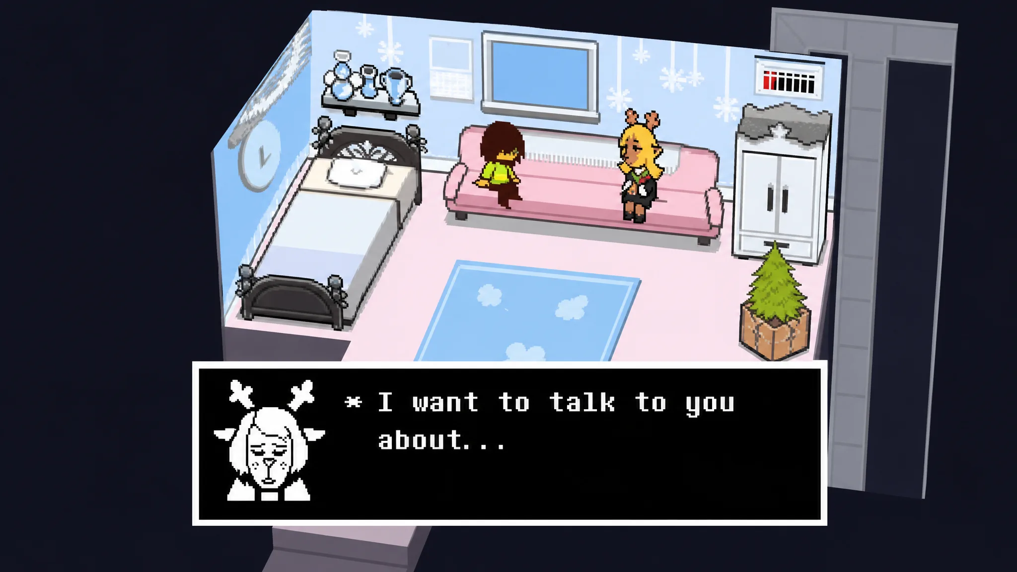 Kris controlling the red SOUL at Noelle's house in Deltarune Chapter 4