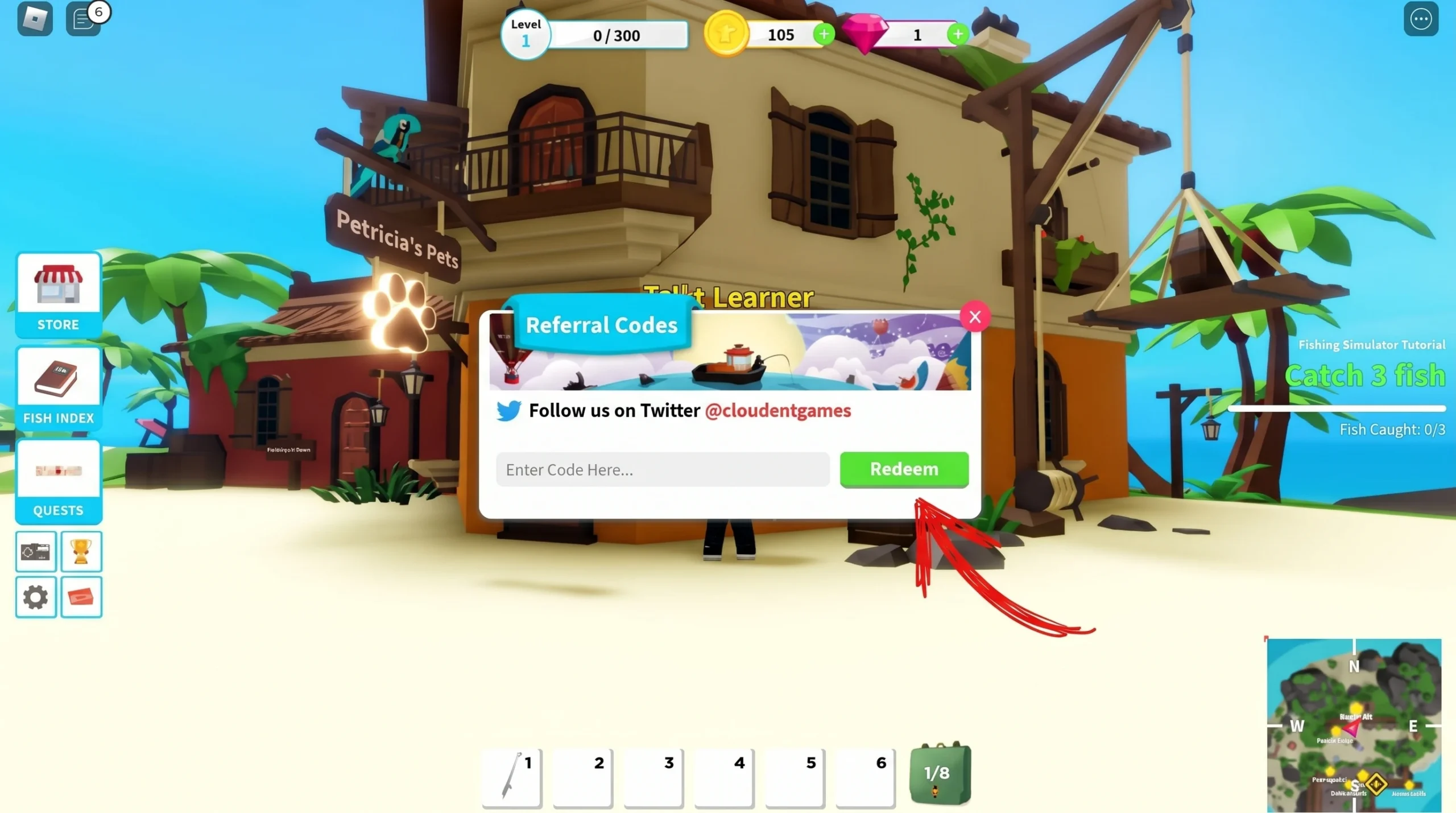 Roblox Fishing Simulator Codes Redeem page