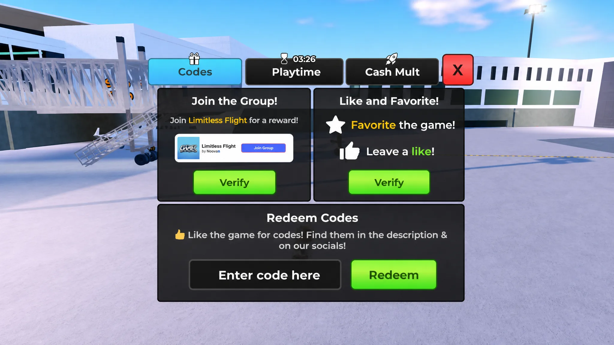 Flight World codes: screenshot of the code redeem box