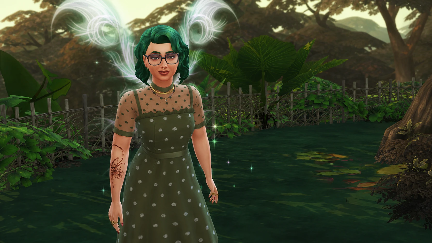 A fairy with green hair, green wings, and a green dress as she flies toward the camera in The Sims 4's Enchanted by Nature expansion