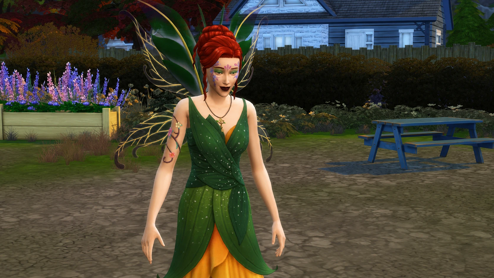 A fairy with red hair and green wings in The Sims 4 Enchanted by Nature