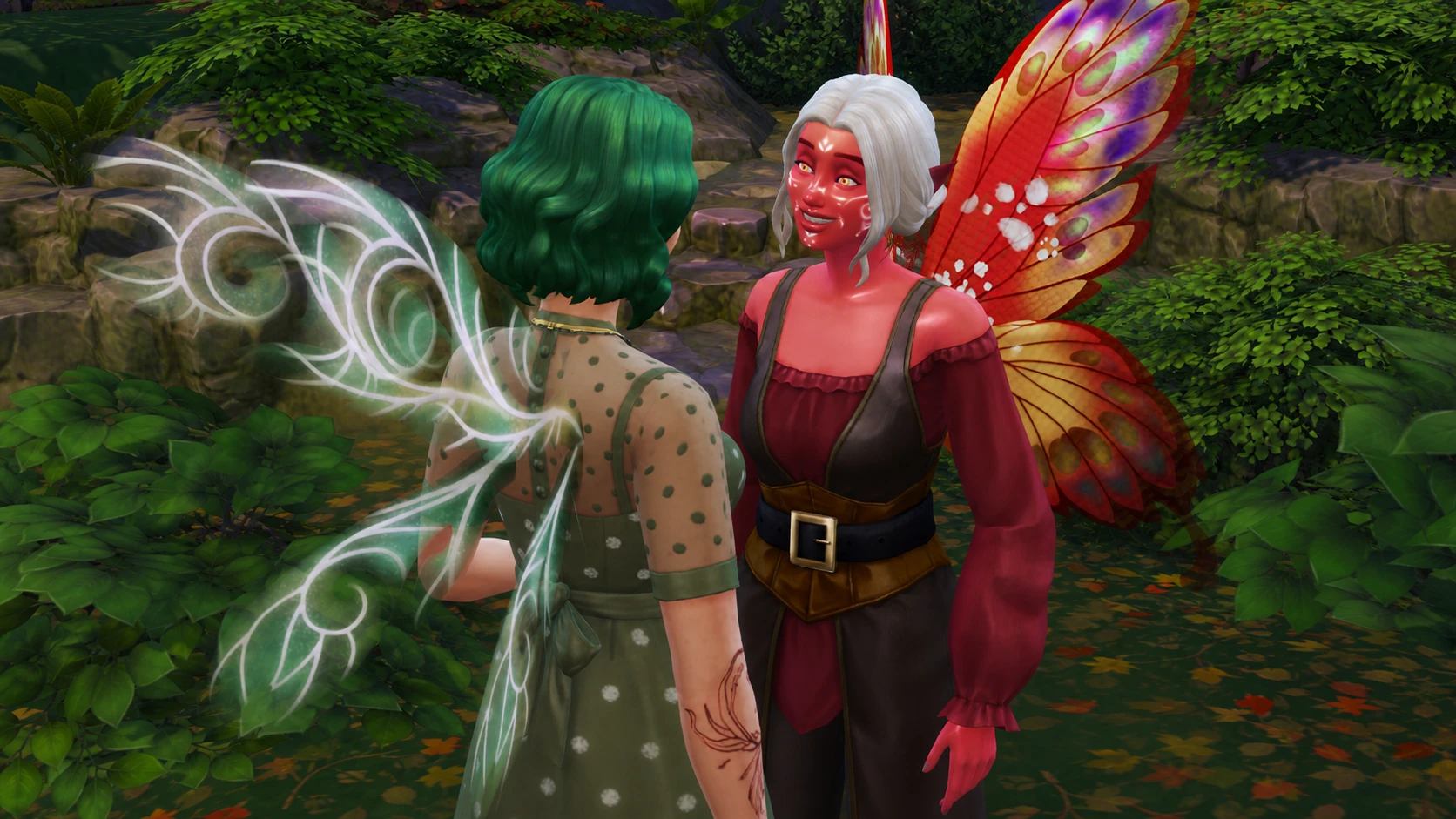 Two fairies talking to each other in The Sims 4: Enchanted by Nature
