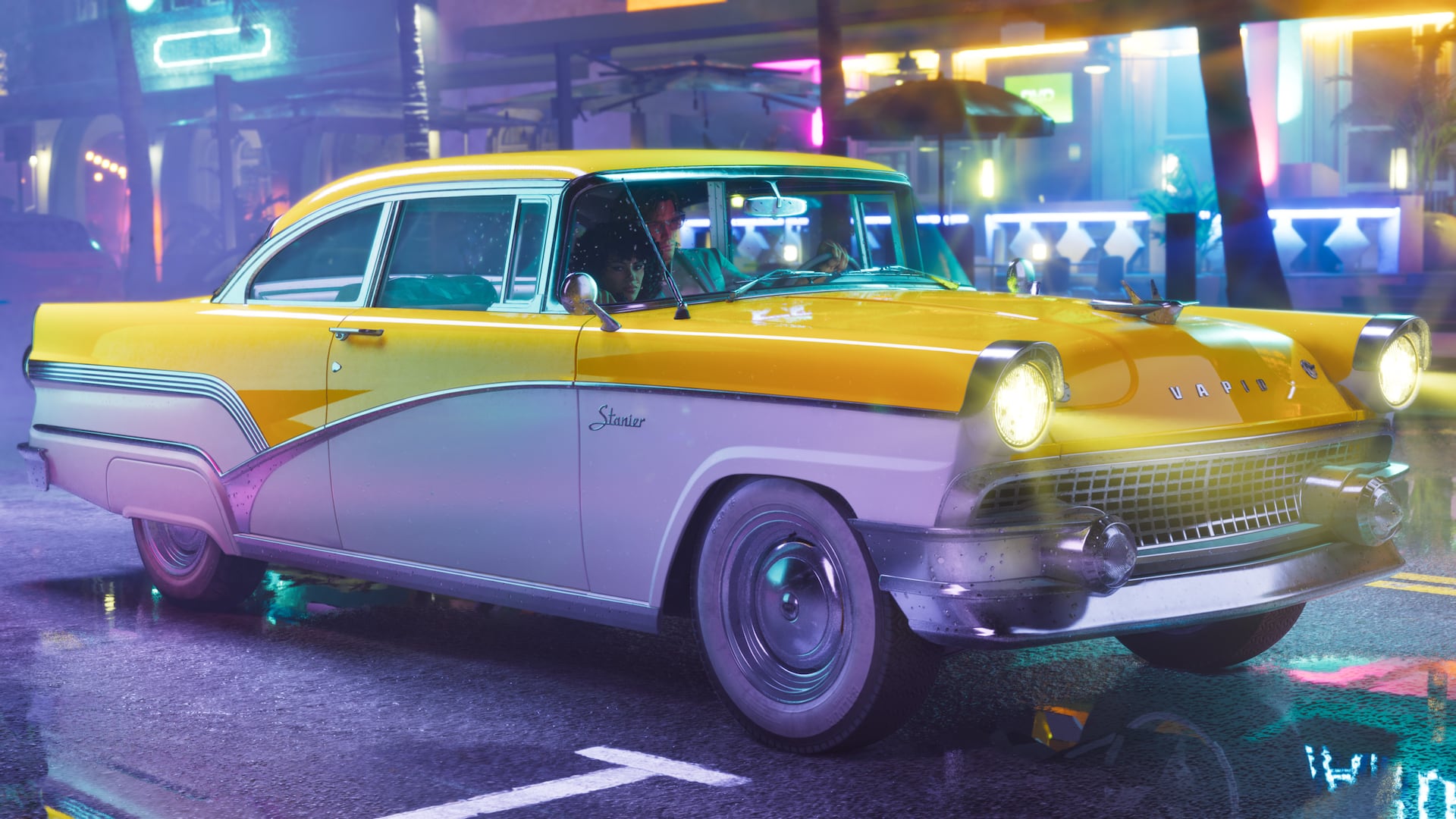 '55 Vapid Stanier sedan in Vice City neon at night