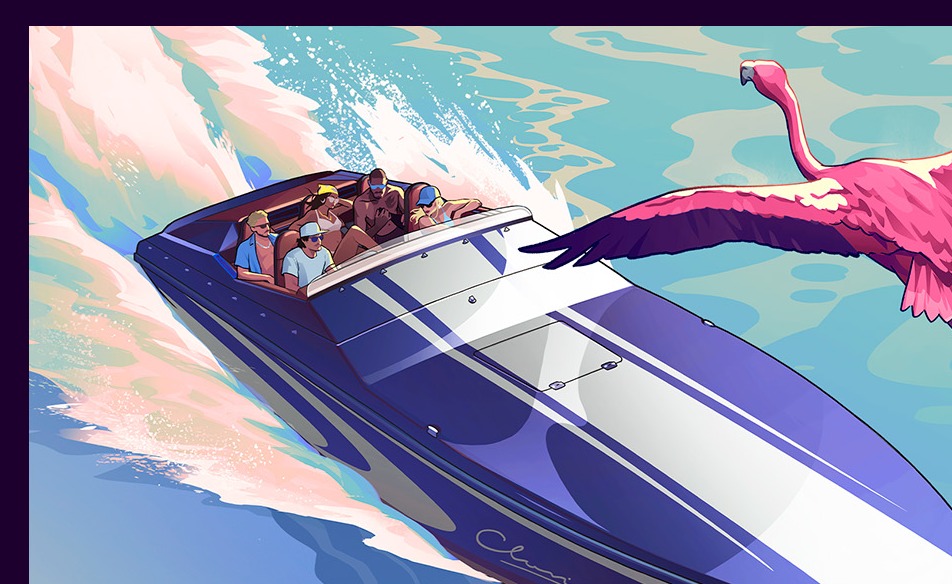 Speedboat and pink flamingo on the GTA 6 key art