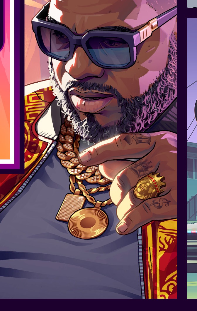 Man draped in heavy gold chains on the GTA 6 cover