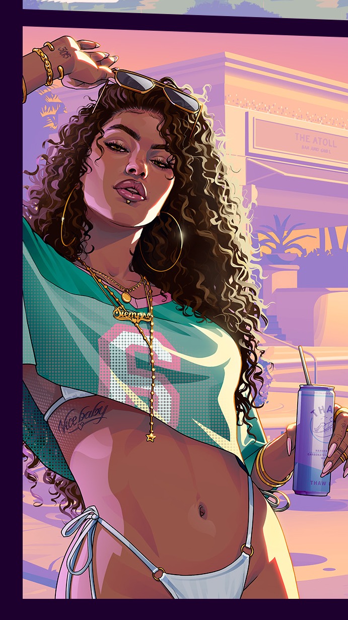 Woman in a green jersey holding a drink on the GTA 6 cover