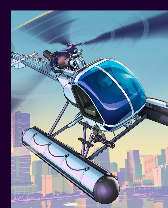 Floatplane-style helicopter over a pastel skyline on the GTA 6 cover