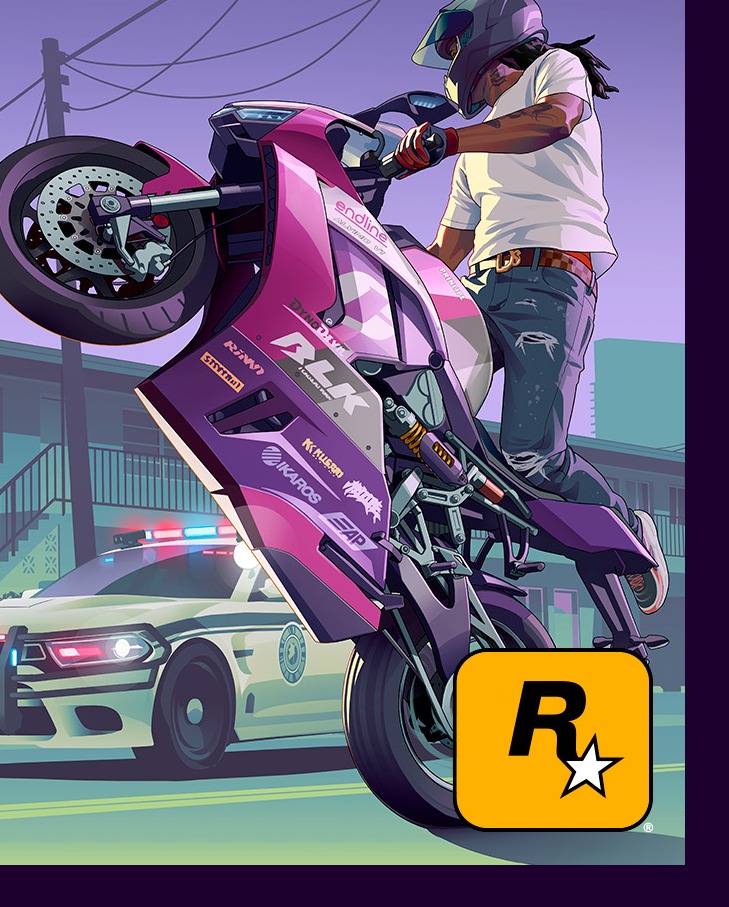 Sportbike wheelie and police cruiser on the GTA 6 cover
