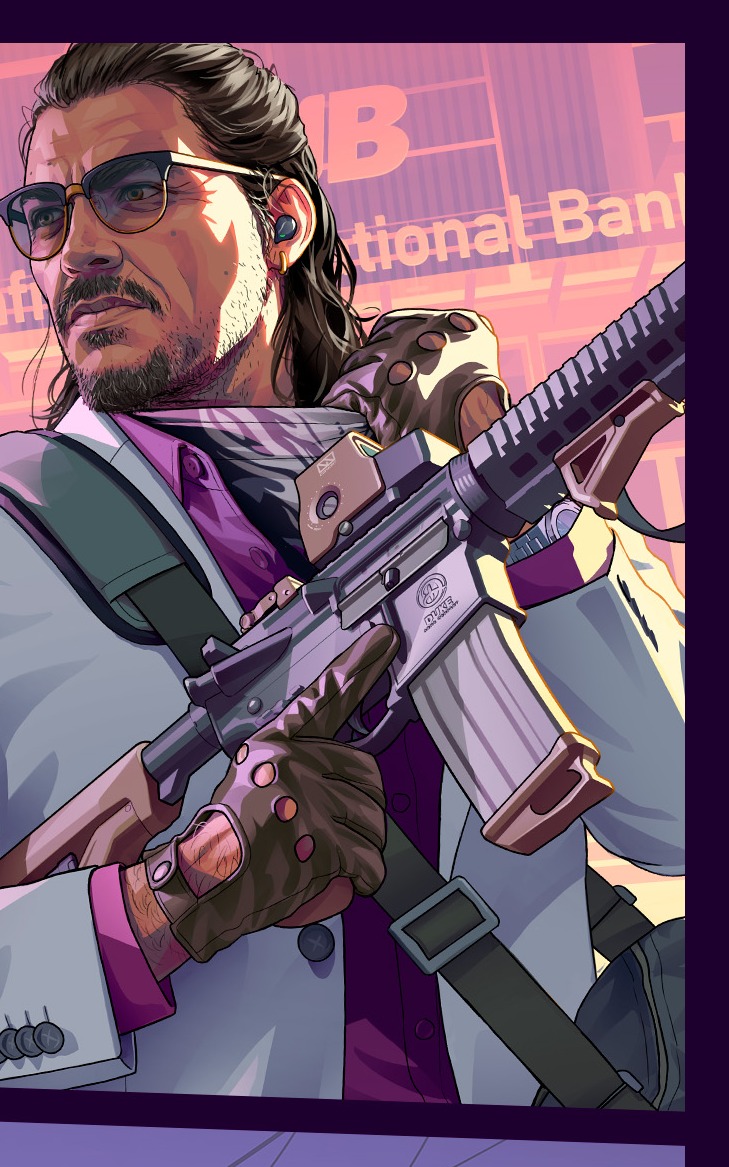 Armed man in front of a bank sign on the GTA 6 cover