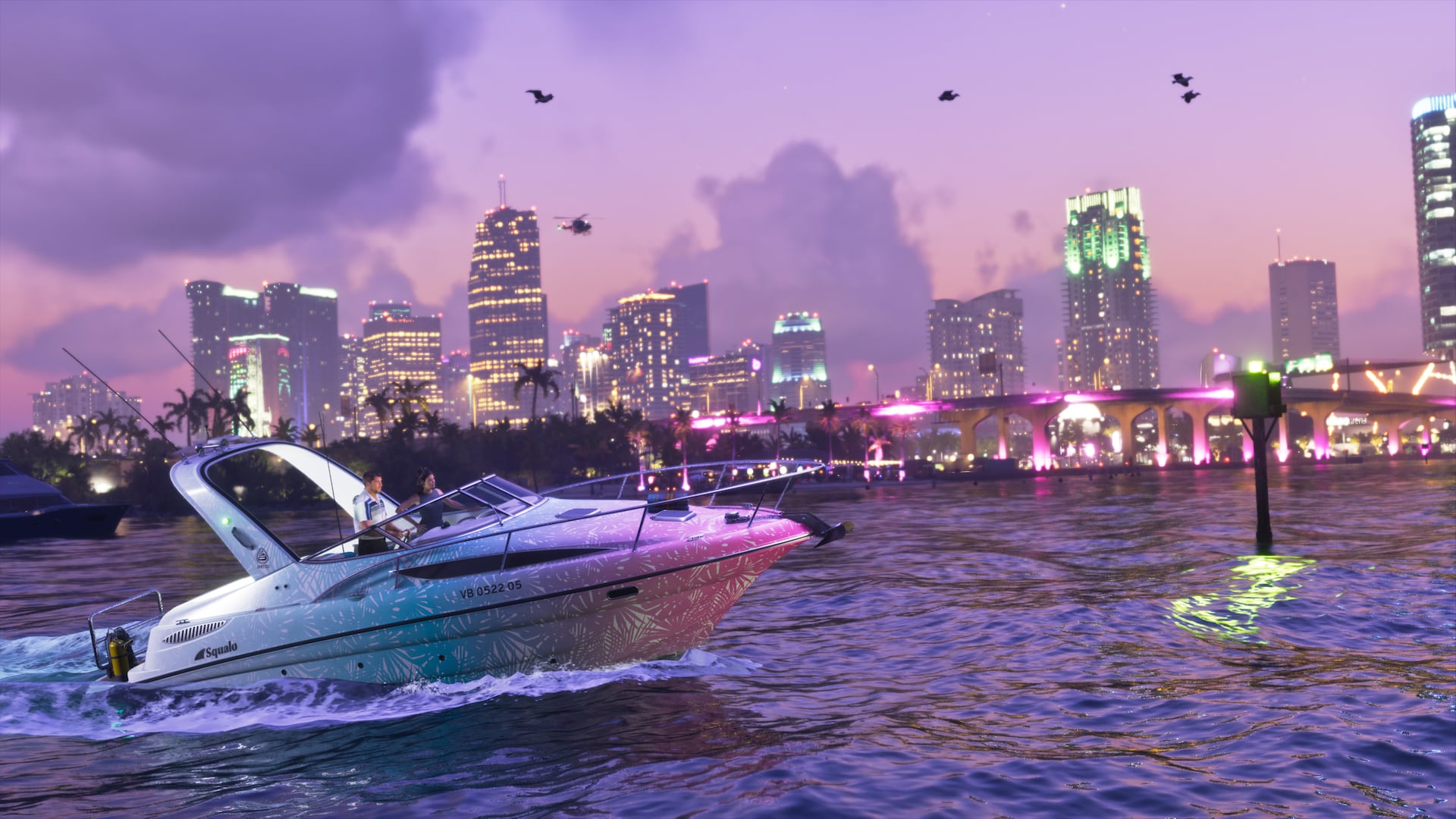 Pink and blue Shitzu Squalo boat off the Vice City coast